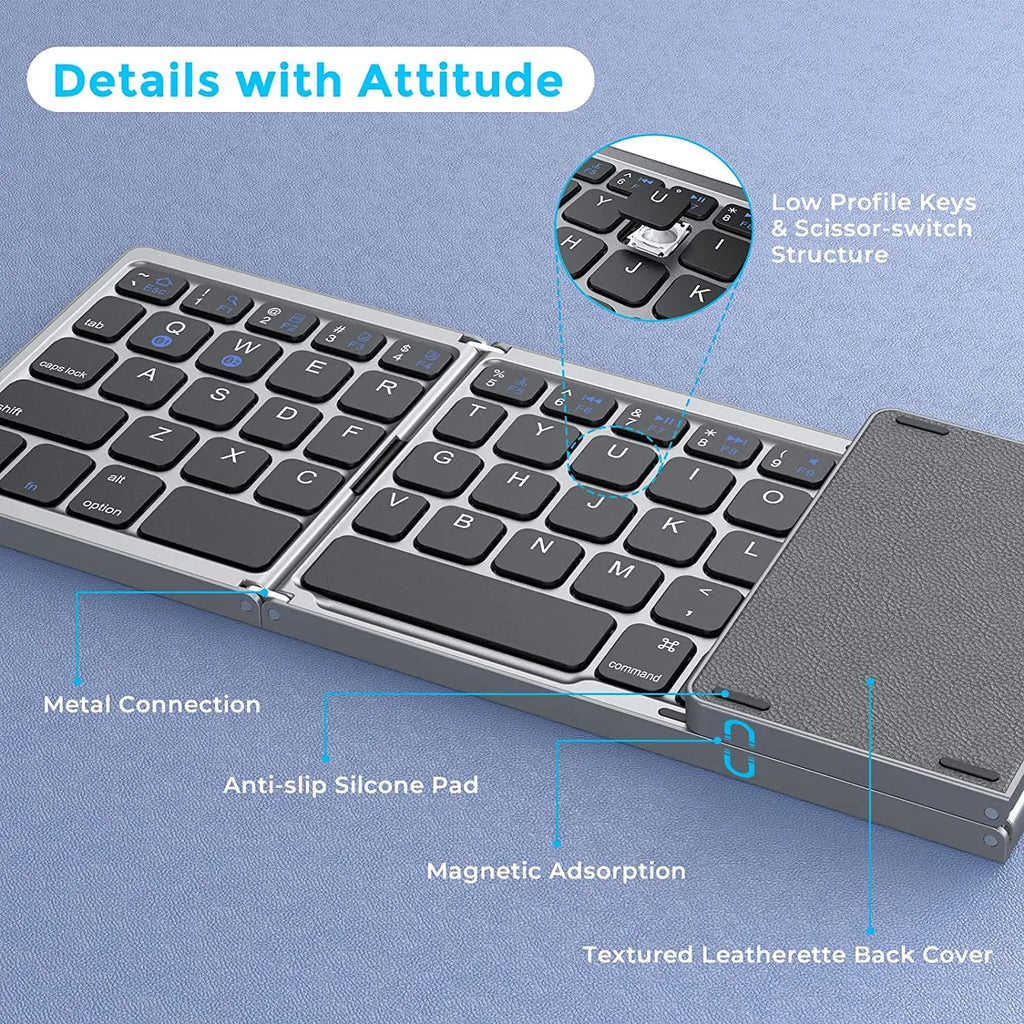 Portable 3-Fold Bluetooth Keyboard with Touchpad – Slim Rechargeable Travel Keyboard for iPad, Tablet & Laptop