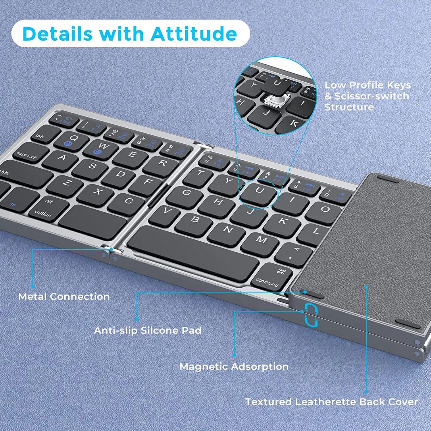 Portable 3-Fold Bluetooth Keyboard with Touchpad – Slim Rechargeable Travel Keyboard for iPad, Tablet & Laptop