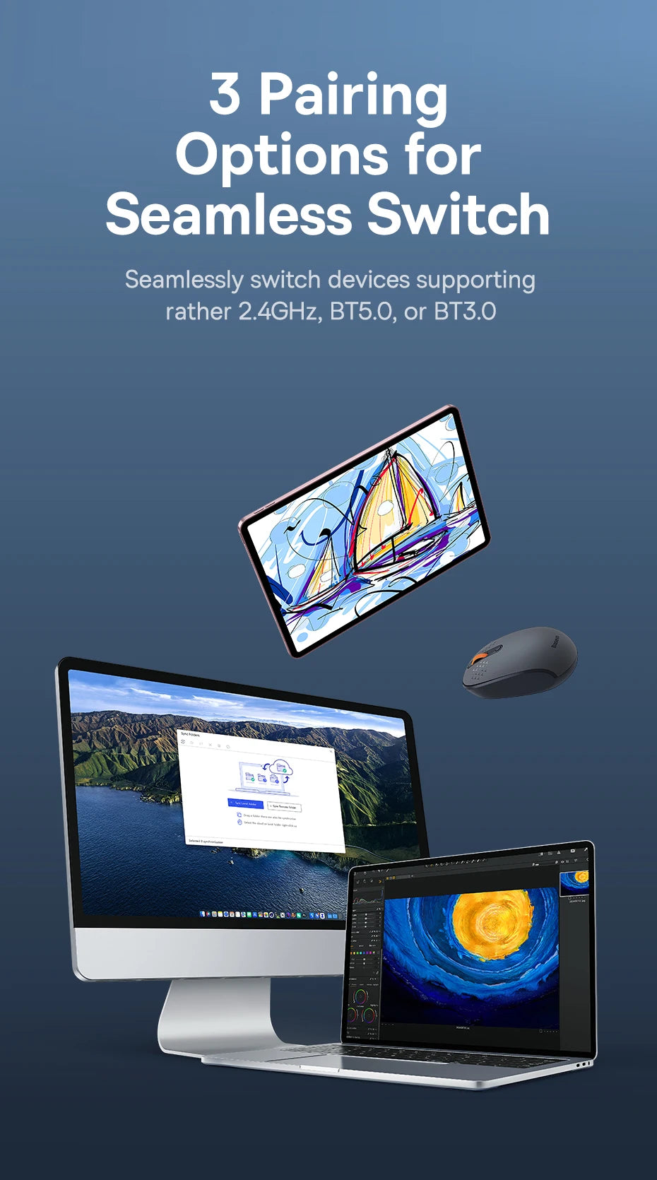 Baseus Wireless Bluetooth Mouse – Silent 2.4G USB Computer Mouse for Laptop, PC, MacBook & Tablet