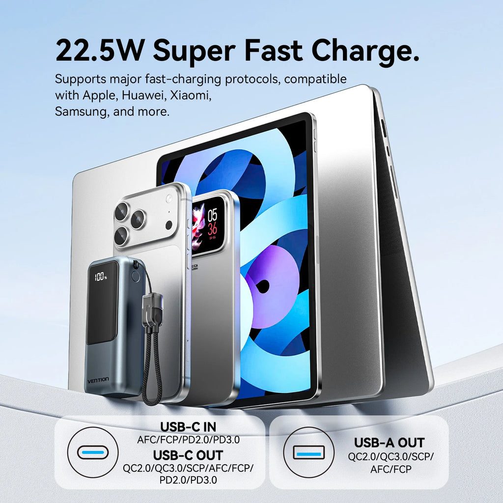 Vention 10000mAh Mini Power Bank – 22.5W Fast Charging Portable Charger with Built-in USB-C Cable & Free Shipping