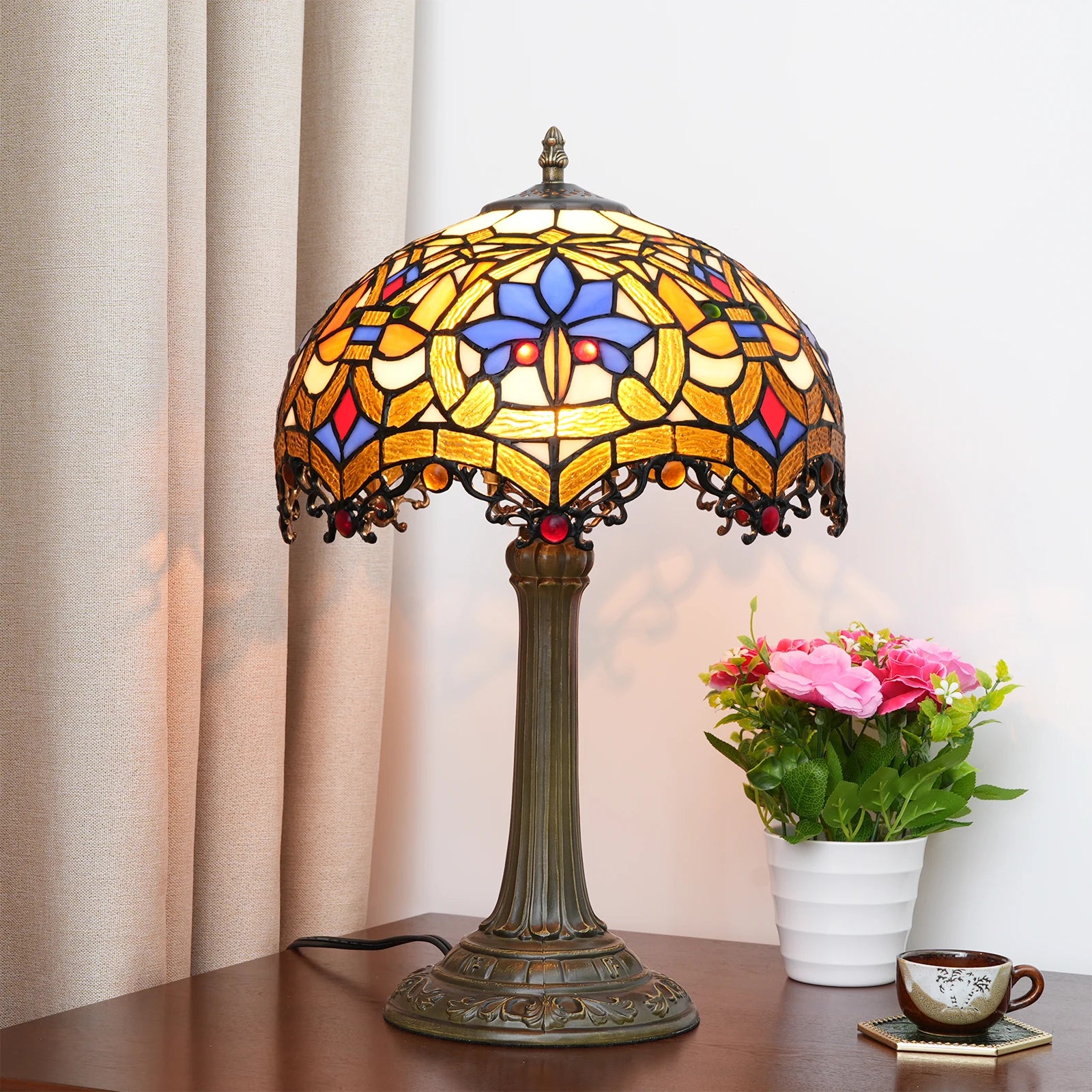 Peacock Stained Glass Table Lamp – Vintage Bedside Reading Lamp for Home Decor