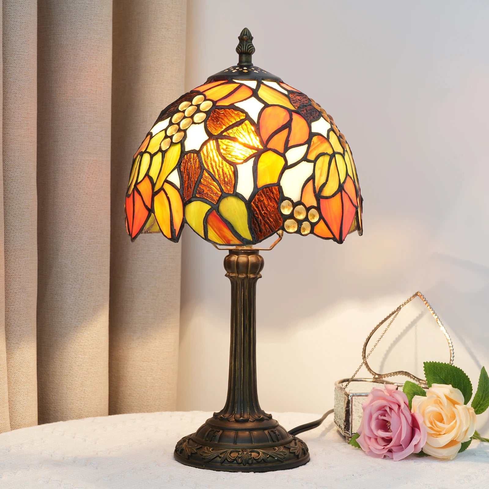 Vintage Stained Glass Table Lamp – Multi-Color Butterfly Flower Bedside Desk Lamp for Bedroom & Reading Decor