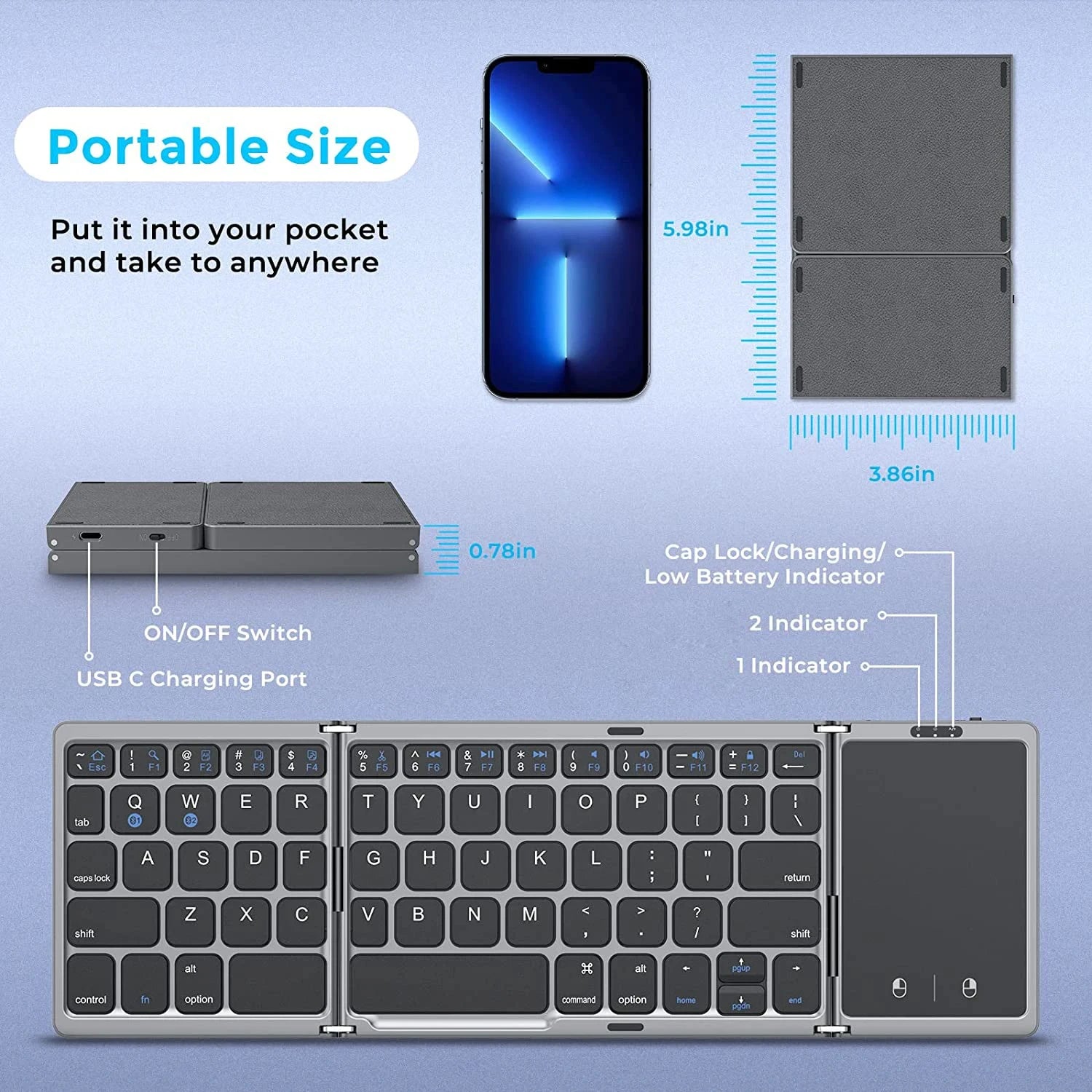 Portable 3-Fold Bluetooth Keyboard with Touchpad – Slim Rechargeable Travel Keyboard for iPad, Tablet & Laptop