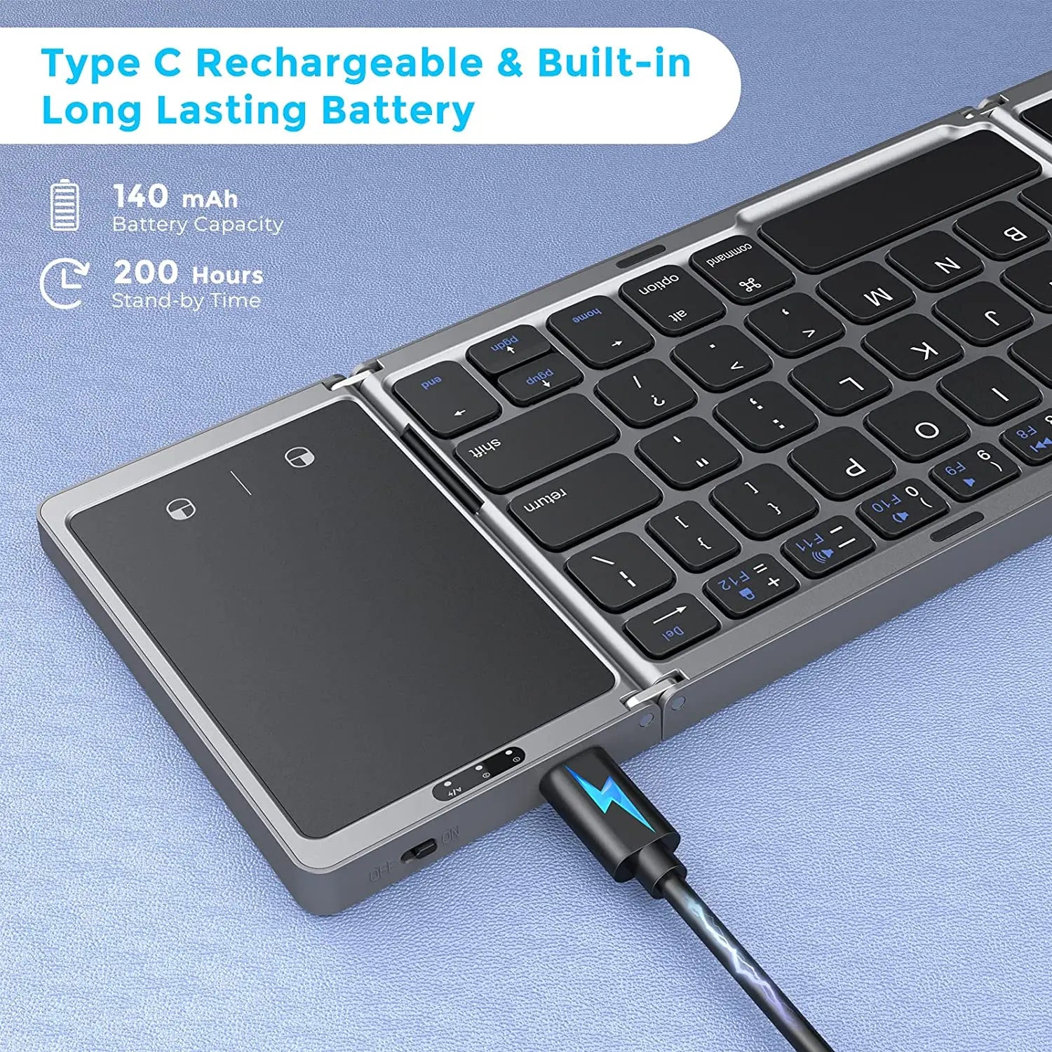Portable 3-Fold Bluetooth Keyboard with Touchpad – Slim Rechargeable Travel Keyboard for iPad, Tablet & Laptop