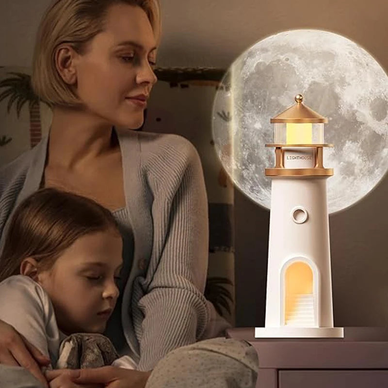 Motion Sensor Moon Projection Lighthouse Night Light – Rechargeable Bedside Lamp for Bedroom & Kids Room