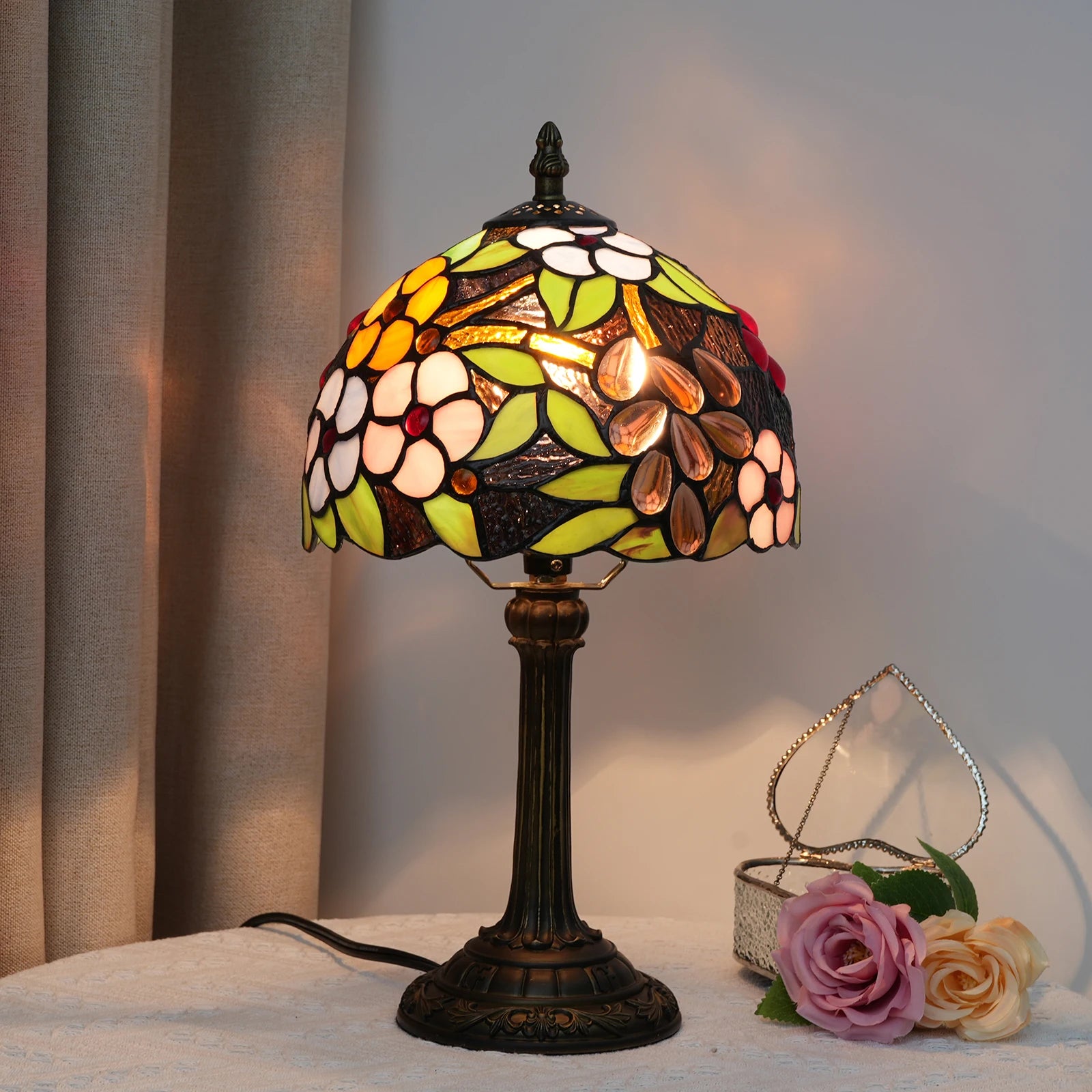 Vintage Stained Glass Table Lamp – Multi-Color Butterfly Flower Bedside Desk Lamp for Bedroom & Reading Decor