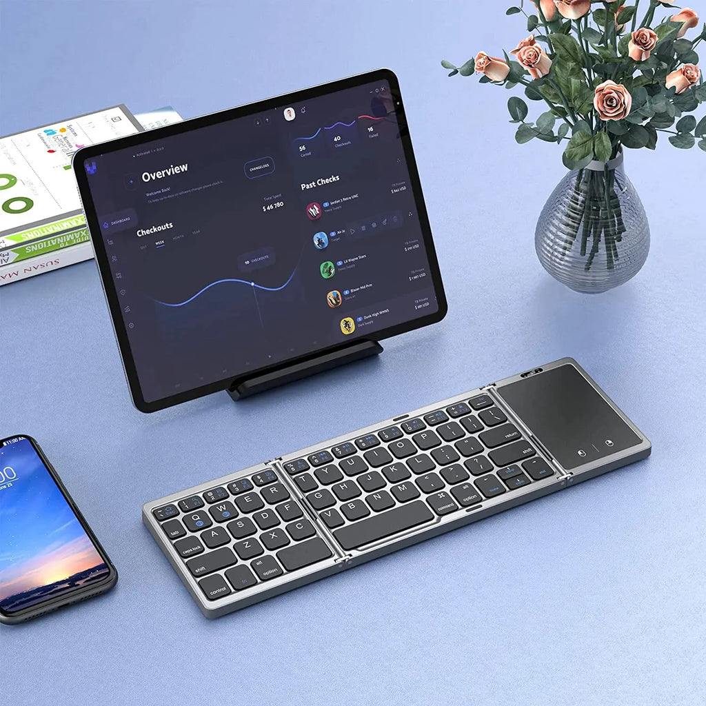 Portable 3-Fold Bluetooth Keyboard with Touchpad – Slim Rechargeable Travel Keyboard for iPad, Tablet & Laptop