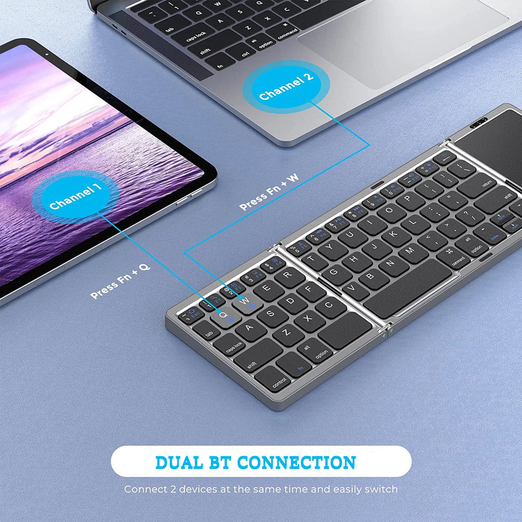 Portable 3-Fold Bluetooth Keyboard with Touchpad – Slim Rechargeable Travel Keyboard for iPad, Tablet & Laptop