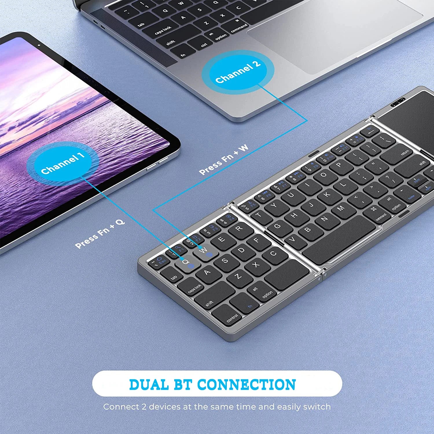 Portable 3-Fold Bluetooth Keyboard with Touchpad – Slim Rechargeable Travel Keyboard for iPad, Tablet & Laptop