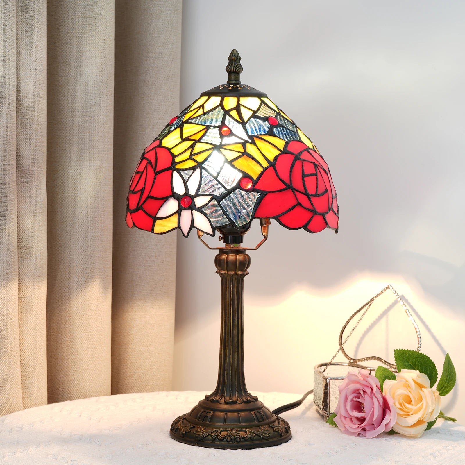Vintage Stained Glass Table Lamp – Multi-Color Butterfly Flower Bedside Desk Lamp for Bedroom & Reading Decor