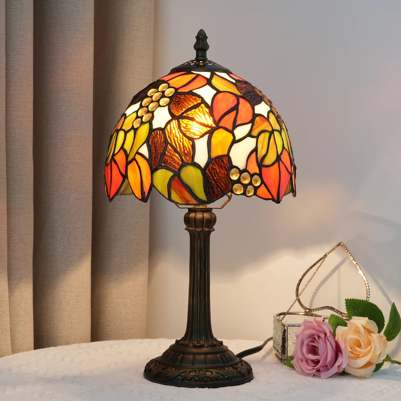 Vintage Stained Glass Table Lamp – Multi-Color Butterfly Flower Bedside Desk Lamp for Bedroom & Reading Decor