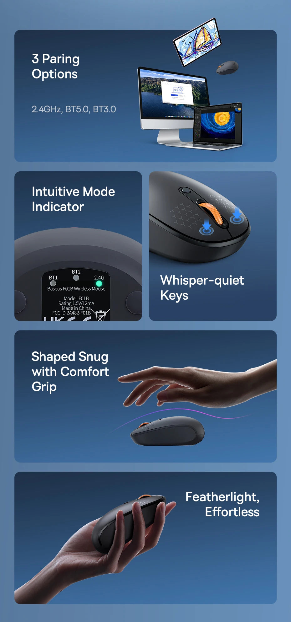 Baseus Wireless Bluetooth Mouse – Silent 2.4G USB Computer Mouse for Laptop, PC, MacBook & Tablet